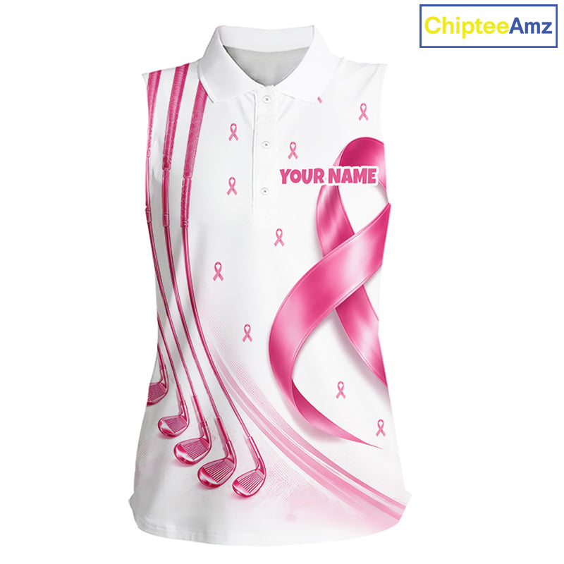Front views of a womens Breast Cancer Awareness pink ribbon sleeveless golf polo shirt, name text on the sleeve.