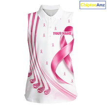 Load image into Gallery viewer, Front views of a womens Breast Cancer Awareness pink ribbon sleeveless golf polo shirt, name text on the sleeve.