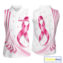 Load image into Gallery viewer, Front and back views of a womens Breast Cancer Awareness pink ribbon sleeveless golf polo shirt, name text on the sleeve.