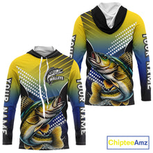 Load image into Gallery viewer, Walleye Long Sleeve Hooded Fishing Shirts Blue And Yellow Camo Custom Name, Walleye Fishing Shirts NBT439