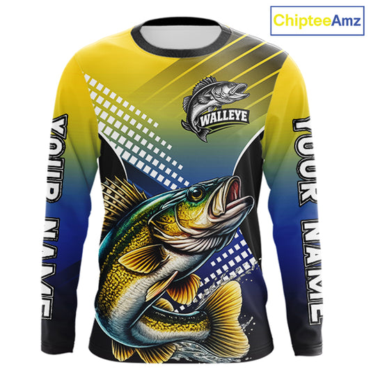Walleye Fishing Shirts Long Sleeve Blue And Yellow Camo Custom Name, Walleye Fishing Shirts NBT439