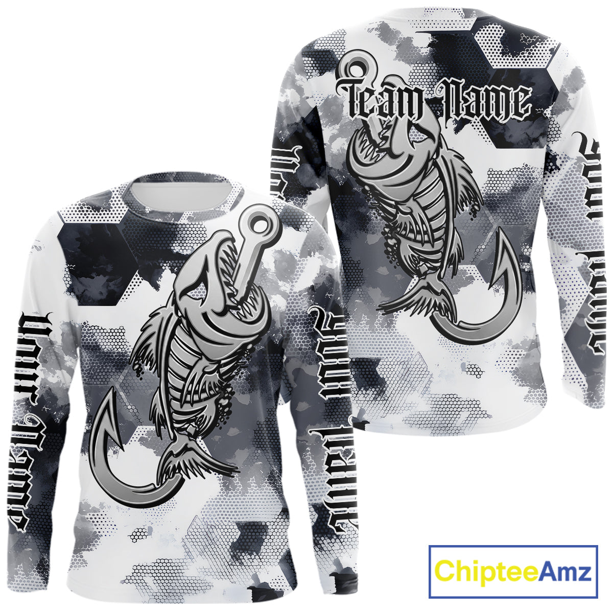Front and back view of fish reaper skull fishing shirt for men with fish skeleton graphic and custom team name, your name
