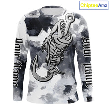 Load image into Gallery viewer, Front view of personalized fish skeleton fishing shirt for men with fish reaper skull design