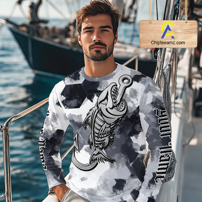Man wearing personalized fish skeleton fishing shirt with custom name on sleeves