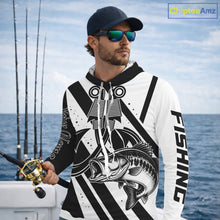 Load image into Gallery viewer, Angler wearing black and white largemouth bass long sleeve hooded fishing shirt on boat
