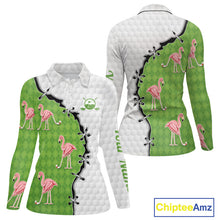 Load image into Gallery viewer, Funny Womens Golf Polo Shirt Green Argyle Flamingo Pattern Custom Name White Golf Shirt NBT558
