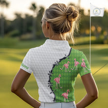 Load image into Gallery viewer, Funny Womens Golf Polo Shirt Green Argyle Flamingo Pattern Custom Name White Golf Shirt NBT558