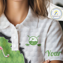 Load image into Gallery viewer, Funny Womens Golf Polo Shirt Green Argyle Flamingo Pattern Custom Name White Golf Shirt NBT558
