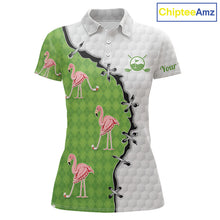 Load image into Gallery viewer, Funny Womens Golf Polo Shirt Green Argyle Flamingo Pattern Custom Name White Golf Shirt NBT558
