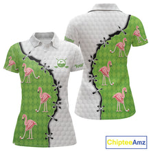 Load image into Gallery viewer, Funny Womens Golf Polo Shirt Green Argyle Flamingo Pattern Custom Name White Golf Shirt NBT558