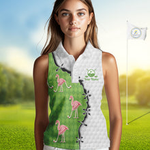 Load image into Gallery viewer, Funny Womens Sleeveless Golf Polo Shirt Green Argyle Flamingo Pattern Custom Name White Golf Shirt NBT558