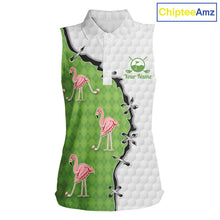 Load image into Gallery viewer, Funny Womens Sleeveless Golf Polo Shirt Green Argyle Flamingo Pattern Custom Name White Golf Shirt NBT558