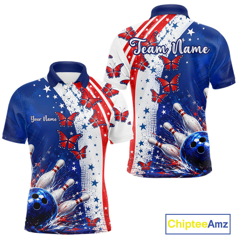 American Flag Butterfly Custom Patriotic Bowling Shirts For Men, Bowling League Shirts NBT973