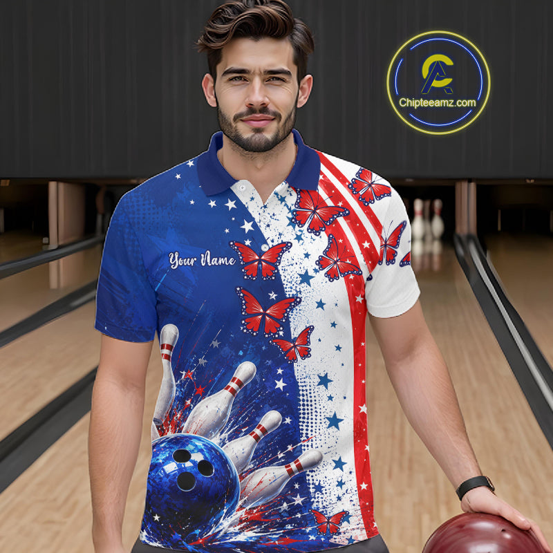 American Flag Butterfly Custom Patriotic Bowling Shirts For Men, Bowling League Shirts NBT973