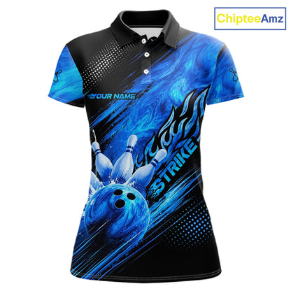 Blue Neon Strike Bowling Polo & 1/4 Quarter Zip Shirts For Women, Custom Bowling Team Shirts NBT975