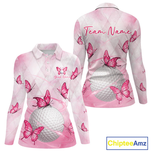 Pink Womens Golf Polo Shirt Custom Butterfly Team Ladies Golf Tops, Golf Gifts NBT596