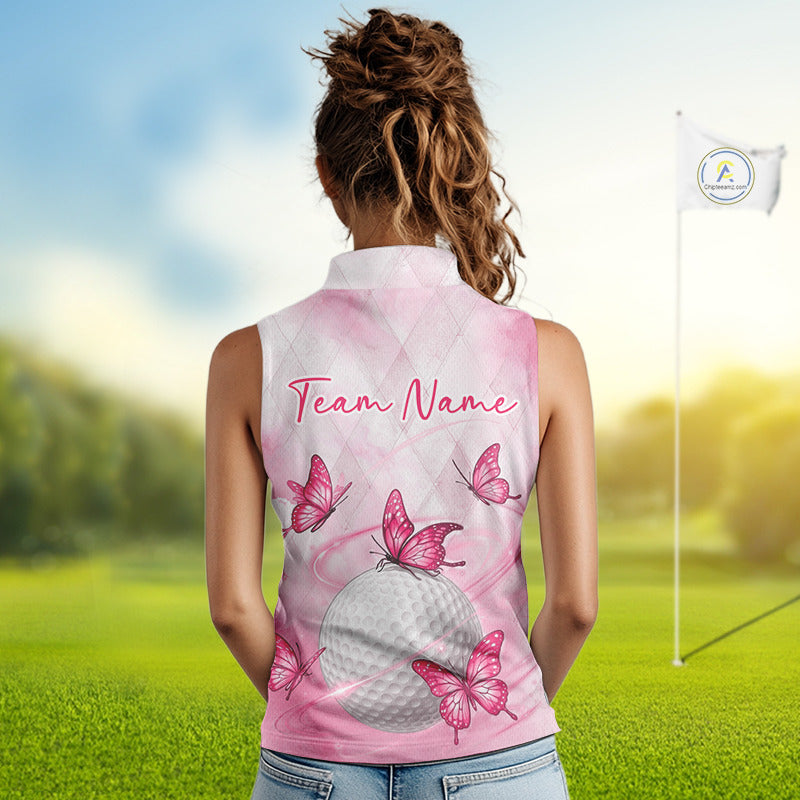 Pink Womens Sleeveless Golf Polo Shirt Custom Butterfly Team Ladies Golf Tops, Golf Gifts NBT596