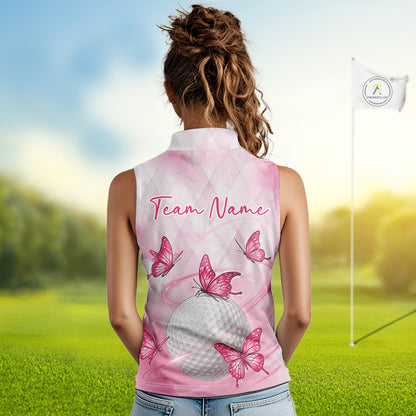 Pink Womens Sleeveless Golf Polo Shirt Custom Butterfly Team Ladies Golf Tops, Golf Gifts NBT596