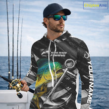 Load image into Gallery viewer, Personalized Mahi Mahi Long Sleeve Hooded Fishing Shirts Anchor Vector Custom Name Black Camo, Saltwater Fishing Shirts NBT473