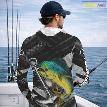 Load image into Gallery viewer, Personalized Mahi Mahi Long Sleeve Hooded Fishing Shirts Anchor Vector Custom Name Black Camo, Saltwater Fishing Shirts NBT473