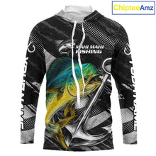 Load image into Gallery viewer, Personalized Mahi Mahi Long Sleeve Hooded Fishing Shirts Anchor Vector Custom Name Black Camo, Saltwater Fishing Shirts NBT473