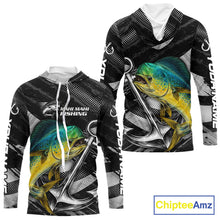 Load image into Gallery viewer, Personalized Mahi Mahi Long Sleeve Hooded Fishing Shirts Anchor Vector Custom Name Black Camo, Saltwater Fishing Shirts NBT473