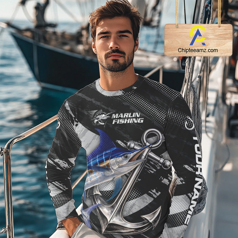 Personalized Marlin Fishing Long Sleeve Anchor Vector Custom Name Black Camo, Saltwater Fishing Shirts NBT473
