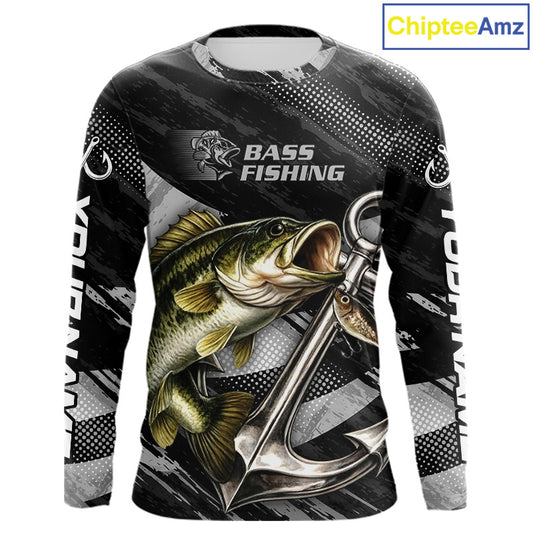 Personalized Bass Fishing Long Sleeve Anchor Vector Custom Name Black Camo, Bass Fishing Shirts NBT472
