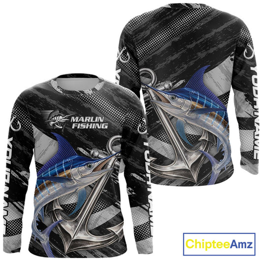Personalized Marlin Fishing Long Sleeve Anchor Vector Custom Name Black Camo, Saltwater Fishing Shirts NBT473