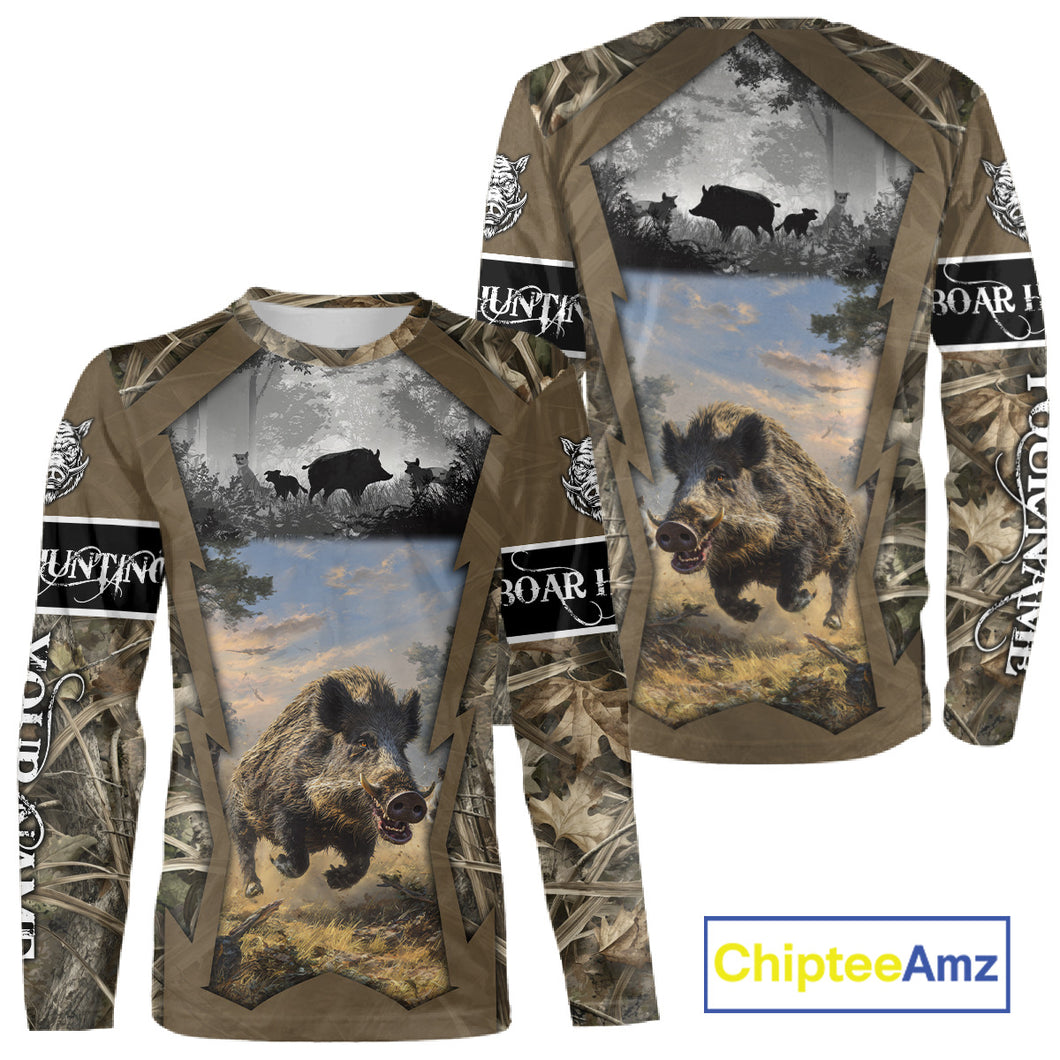 Brown Camo Wild Boar Hunting Shirt Custom Name Hunting Clothes Gifts for Hunter NBT125