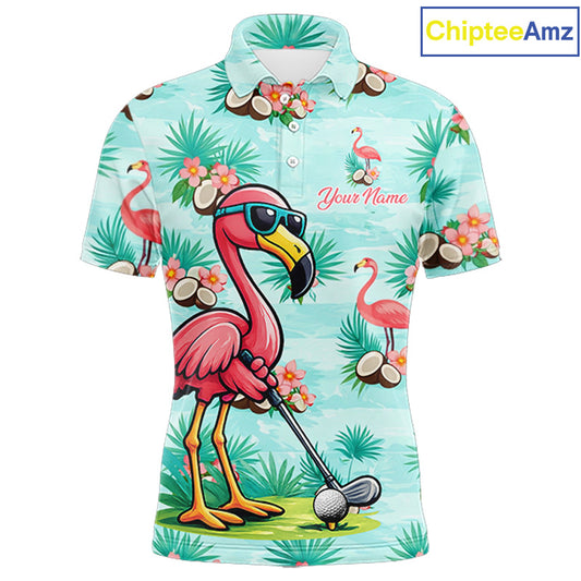Funny Mens Golf Polo Shirts Custom Name Pink Flamingo Pattern, Tropical Golf Shirt NBT478