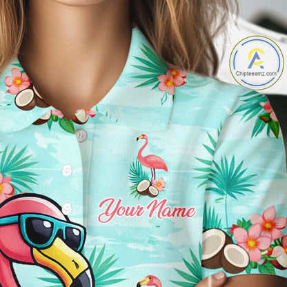 Funny Womens Golf Polo Shirts Custom Name  Pink Flamingo Pattern, Tropical Golf Shirt NBT478