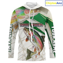 Load image into Gallery viewer, Rainbow Trout Fishing Tournament Shirts Long Sleeve Hooded Fishing Shirts, Custom Trout Fishing Shirts NBT429