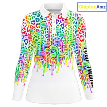 Load image into Gallery viewer, Womens Golf Polo Shirts Colorful Neon Watercolor Leopard Custom Name White Golf Shirts NBT509