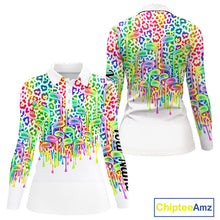 Load image into Gallery viewer, Womens Golf Polo Shirts Colorful Neon Watercolor Leopard Custom Name White Golf Shirts NBT509