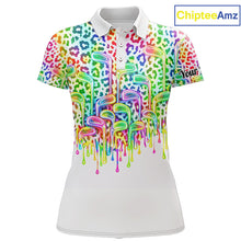 Load image into Gallery viewer, Womens Golf Polo Shirts Colorful Neon Watercolor Leopard Custom Name White Golf Shirts NBT509