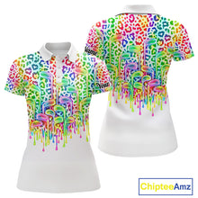 Load image into Gallery viewer, Womens Golf Polo Shirts Colorful Neon Watercolor Leopard Custom Name White Golf Shirts NBT509