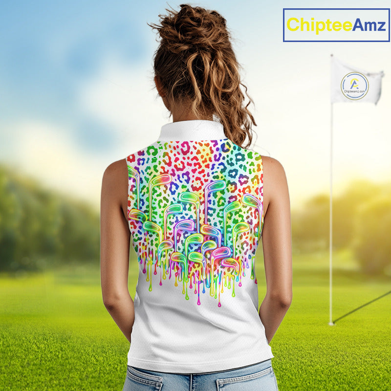 Womens Sleeveless Golf Polo Shirts Colorful Neon Watercolor Leopard Custom Name White Golf Shirts NBT509