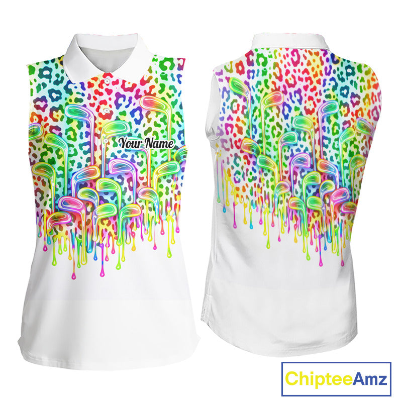 Womens Sleeveless Golf Polo Shirts Colorful Neon Watercolor Leopard Custom Name White Golf Shirts NBT509
