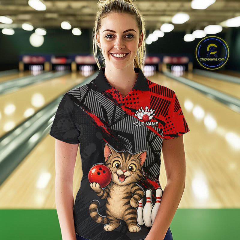 Woman bowler wearing custom red funny cat bowling team polo shirt on the lanes