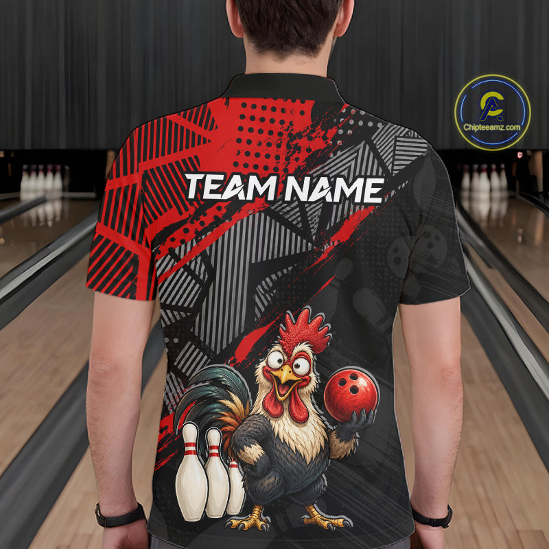man bowler wearing custom red funny rooster bowling team polo shirt on the lanes