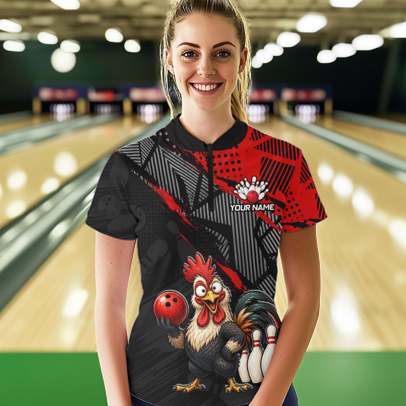 Custom Red Funny Rooster Bowling Shirt For Women Bowling Jersey Polo & Quarter-Zip Bowling Outfit NBT927