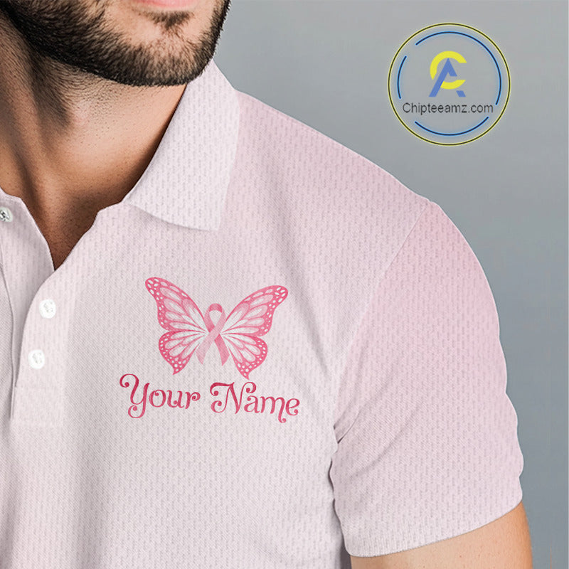 Custom Name Pink Butterfly Floral Pattern Breast Cancer Month Lady Golfer Men's Polo Shirt NBT529