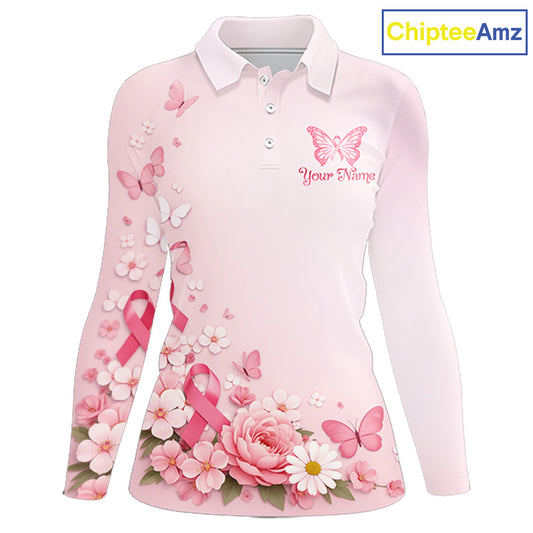 Custom Name Pink Butterfly Floral Pattern Breast Cancer Month Lady Golfer Women's Polo Shirt NBT529