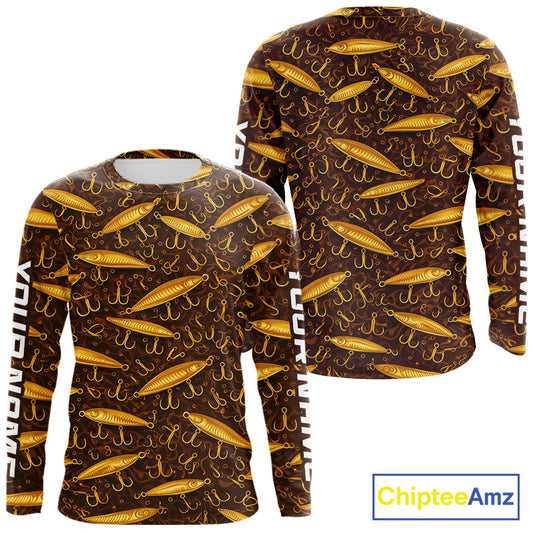 Custom Fishing Lure Yellow Long Sleeve Fishing Shirts For Men Custom Name, Mens Fishing Outfit NBT388