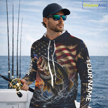 Load image into Gallery viewer, Man on a boat wearing a hooded fishing shirt with a fish design and American flag, holding a fishing rod.