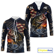 Load image into Gallery viewer, Long sleeve hooded fishing shirt American flag design on a white background