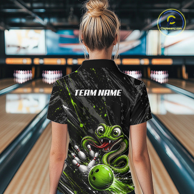Custom Black And Green Snake Bowling Women Polo & 1/4 Quarter Zip Shirt, Bowling Team Tournament Jerseys NBT935