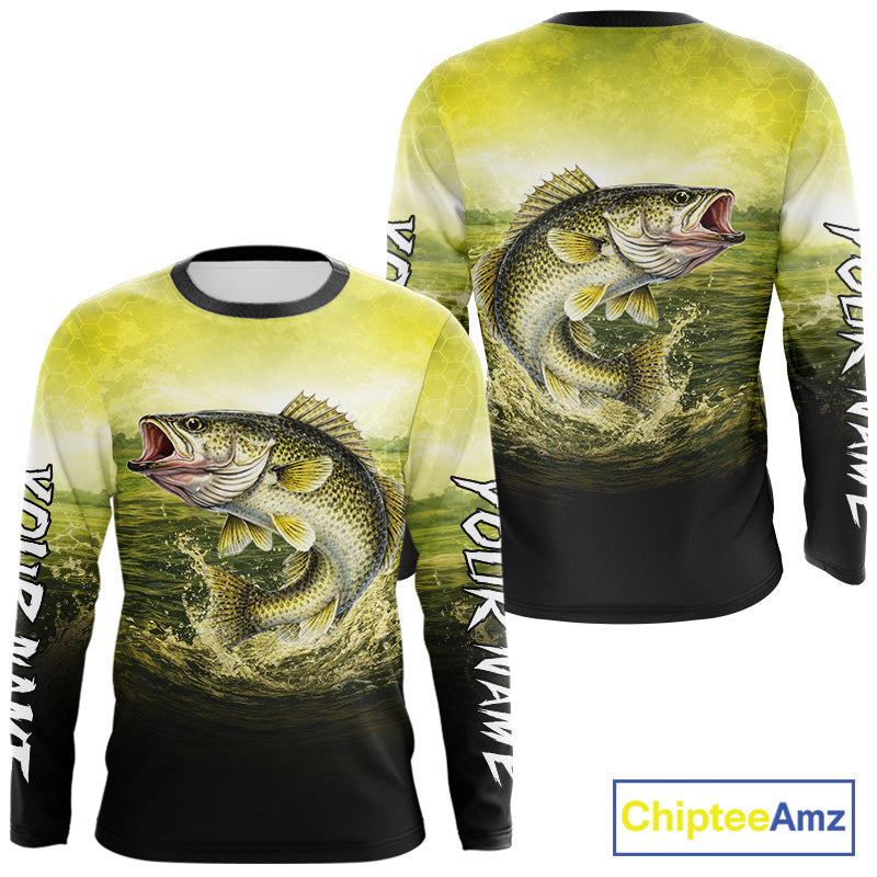 Yellow Walleye Fishing UV Protection Long Sleeve Fishing Shirts, Custom Walleye Fishing Shirts NBT400