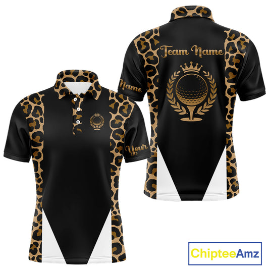 Mens Golf Polo Shirts Brown Leopard Pattern Black Golf Shirt Custom Name Golf Wear For Mens NBT560